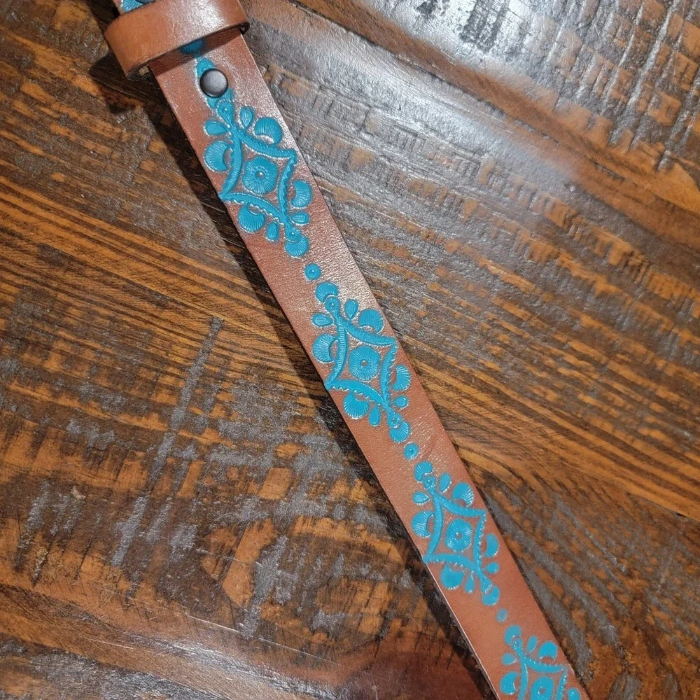 Justin Girls Belt Hope Brown Turquoise Tooled Leather Silver Heart Buckle Sz 30